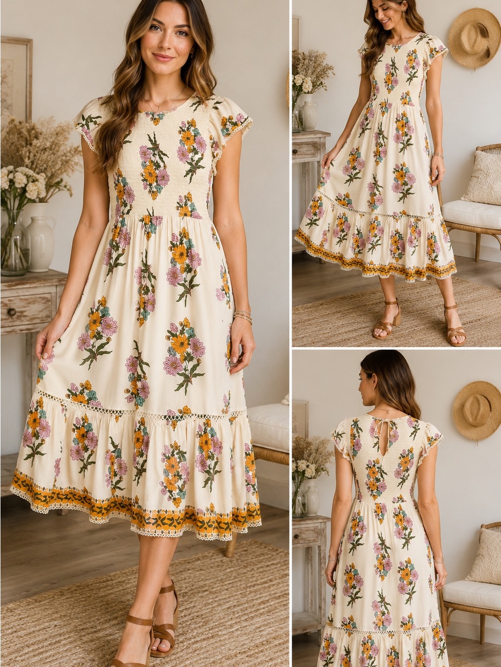Smocked Floral Prairie Midi Dress Crochet Trim Boho Romantic Cottagecore S